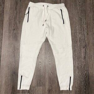 Bershka XL Womens Sweatpant Joggers White Drawstring Zipper Pants NWOT